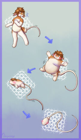 alien anthro blush brown_body brown_fur dayvoso directional_arrow felid feline female feral fur fur_loss hair_loss hi_res lying mammal on_front open_mouth shrinking shrinking_limbs simple_background size_transformation solo sperm_cell transformation what white_body white_fur wobbling wobbly