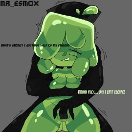1boy 1girls 2024 big_breasts black_body breasts comic defeated demon dialogue digital_media_(artwork) female fingering fingering_partner fingering_pussy green_body male monster monster_girl mr_esmox original original_character pixel_art pussy resisting resisting_orgasm resisting_pleasure slime slymee tagme text twitter twitter_username vagina