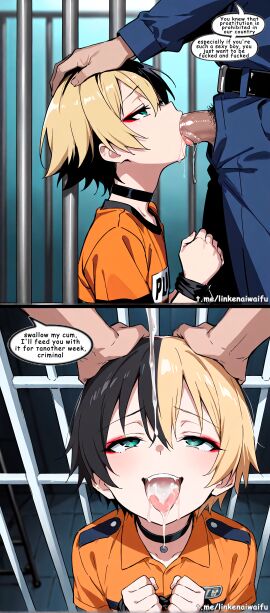 1femboy ai_assisted ai_generated blowjob bondage comic criminal cum cum_in_mouth english_text femboy oral oral_sex prison prisoner swallowing swallowing_cum