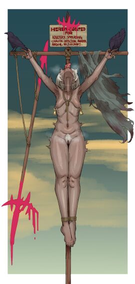 absurdres armpits bell bird blood_on_face bound breasts commentary crow crucifixion dark-skinned_female dark_skin ebonyxh english_commentary english_text execution female female_pubic_hair gore guro highres impaled nail nipple_piercing nipple_rings nipples nude original outdoors outstretched_arms piercing pointy_breasts polearm pubic_hair pussy restrained rope_around_neck scar scar_on_neck short_hair sign simple_background skewer small_breasts solaria_(ebonyxh) solo spear spread_arms spread_eagle_position stationary_restraints steaming_body sweat uncensored very_sweaty weapon white_background white_hair white_pubic_hair