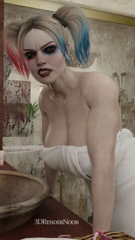 1girls 3d 3drendernoob batman_(series) blender_(software) blender_cycles breasts cleavage dc dc_comics female harley_quinn harley_quinn_(injustice) injustice_2 large_breasts makeup solo solo_female towel_only wet_body