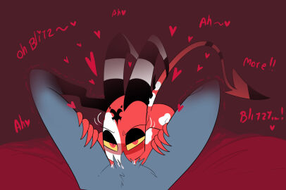 2024 anthro avian between_legs bird blitzo_(helluva_boss) cloaca demon dialogue duo hand_on_leg heart_symbol helluva_boss hi_res horn humanoid imp lying male male/male markings moan narrowed_eyes on_back owl owl_demon pointed_tail raised_tail red_body rosy_fun spread_legs spreading stolas_(helluva_boss) striped_horn stripes tail