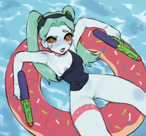 1girls bottomless breasts cd_projekt_red confused confused_expression confused_face confused_look confusion cyberpunk:_edgerunners cyberpunk_2077 doughnut female female_focus female_only floatie floating green_hair gurumo holding_object holding_water_gun looking_at_viewer ponytail ponytails pool rebecca_(edgerunners) red_eyes red_sclera small_breasts solo super_soaker swim_ring swimming_pool swimming_ring swimsuit swimwear tattoo tattoos water_gun