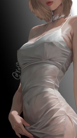 bellybutton covered_nipples dress jewelry lipstick long_dress pulled_by_self pulled_up_dress red_lipstick short_hair skin tummy wet wet_clothes yota_shift