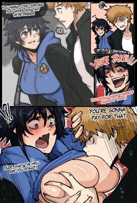 1boy 1girls blush breast_grab breast_sucking breasts chainsaw_man denji_(chainsaw_man) english_text female fondling gaming large_breasts male mark_gavatino rule_63 sugo_miru sweater taunting text tomboy