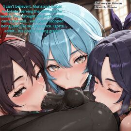 3girls 3girls1boy ai_generated amber_(genshin_impact) anilingus balls balls_sucking ballsack blowjob blue_hair caption captioned english_text eula_(genshin_impact) fellatio genshin_impact hilichurls_(species) hoyoverse intersex interspecies master mona_(genshin_impact) nude nude_female oral oral_sex rimming rimming_male story story_at_source submissive submissive_female submissive_females yellow_eyes