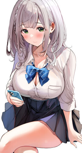 absurdres black_skirt blue_bow blue_bowtie blush bow bowtie braid breasts cellphone cleavage closed_mouth collared_shirt commentary_request crossed_legs female green_eyes grey_hair highres holding holding_phone hololive hololive_fantasy hololive_japan invisible_chair large_breasts long_sleeves looking_at_phone medium_hair phone pleated_skirt sak_(lemondisk) shirogane_noel shirogane_noel_(school_uniform) shirt simple_background sitting skirt smartphone smile solo virtual_youtuber wavy_hair white_background white_shirt