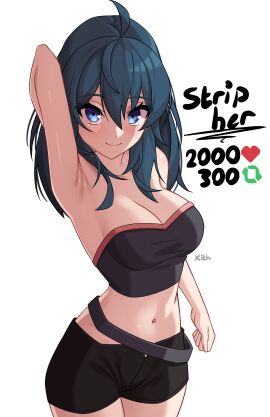 1girls absurdres ahoge arm_up armpits bare_arms bare_shoulders belt black_belt black_shorts blue_eyes blue_hair blush breasts byleth_(fire_emblem) byleth_(fire_emblem)_(female) cleavage cowboy_shot female female_only fire_emblem fire_emblem:_three_houses highres like_and_retweet long_hair looking_at_viewer medium_breasts meme midriff navel nintendo short_shorts shorts simple_background solo standing stomach strapless teal_hair tube_top twitter_strip_game_(meme) white_background x_xith_x