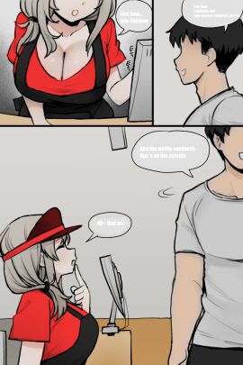 1boy 1girls ^_^ ajaycolor apron breasts cleavage closed_eyes clothing color color_edit colored colored_hair colored_inner_hair colored_sketch colored_skin convenience_store edit employee_uniform female heart jorin korean_language large_breasts long_hair looking_at_viewer male open_mouth prostitution shirt shop slender_waist speech_bubble spoken_heart standing straight tied_hair translation_request uniform uzaki-chan_wa_asobitai! uzaki_tsuki visor_cap