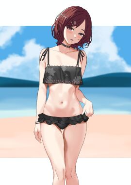 1girls absurd_res absurdres bare_arms bare_belly bare_calves bare_chest bare_hands bare_hips bare_knees bare_legs bare_midriff bare_navel bare_shoulders bare_skin bare_thighs bare_torso beach belly belly_button bikini bikini_bottom bikini_only bikini_top black_bikini black_bikini_bottom black_bikini_only black_bikini_top black_bracelet black_choker black_string_bikini black_swimsuit black_swimwear blue_background blue_sky blurred_background blurry_background blush blush_lines blushing_at_viewer blushing_female bracelet breasts brown-haired_female brown_eyebrows brown_hair choker clouds coast collarbone day daytime dot_nose exposed exposed_arms exposed_belly exposed_legs exposed_midriff exposed_shoulders exposed_thighs exposed_torso female female_focus female_only fingers groin hairpin half_naked head_tilt high_resolution highres higuchi_madoka hourglass_figure idolmaster idolmaster_shiny_colors kinomiki knees knees_together legs legs_together light-skinned_female light_skin looking_at_viewer medium_hair mole mole_under_eye naked naked_female navel nude nude_female ocean open_mouth outdoor_nudity outdoors outside parted_bangs parted_lips purple-eyed_female purple_eyes pussy sand sea seaside short_hair shoulders sky slender_body slender_waist slim_female slim_waist small_breasts solo standing string_bikini swimsuit swimwear thick_thighs thighs thin_waist tilted_head upper_body v-line white_background wide_hips