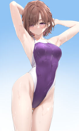 armpits arms_up ass_visible_through_thighs bare_arms bare_legs bare_shoulders bare_thighs blush breasts brown_hair closed_mouth collarbone female highleg_swimsuit higuchi_madoka idolmaster idolmaster_shiny_colors medium_breasts mole mole_under_eye one-piece_swimsuit purple_eyes purple_one-piece_swimsuit short_hair swimsuit thighs wet_body wet_hair yd_(orange_maru)