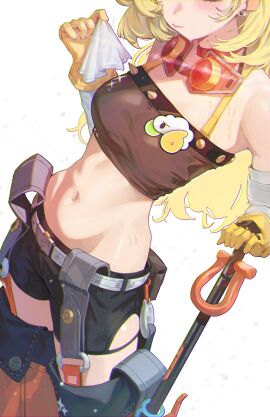 1girls absurdres black_shorts blonde_hair blush breasts chromatic_aberration closed_mouth clothed cowboy_shot earrings female gloves highres jaihu jewelry long_hair medium_breasts navel piper_wheel short_shorts shorts simple_background solo standing sweatdrop white_background yellow_gloves zenless_zone_zero