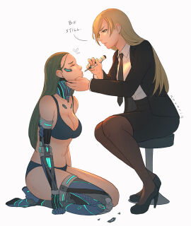 2girls android asymmetrical_legwear black_bra black_footwear black_jacket black_legwear black_neckwear black_panties black_skirt blazer blonde_hair blouse boots bra breasts brown_hair brown_legwear business_suit cleavage closed_eyes collared_shirt cyborg cyborg_girl earrings english_text female female_focus female_only formal from_side full_body green_eyes half-closed_eyes high_heel_boots high_heels jacket jewelry joints koyorin lingerie long_hair long_sleeves looking_at_another looking_down mechanical_arms mechanical_parts medium_breasts multiple_females multiple_girls necktie office_lady open_clothes open_jacket original panties pantyhose parted_lips pencil_skirt robot robot_joints seiza serious shirt signature simple_background single_mechanical_arm single_thighhigh sitting skirt skirt_suit stool stud_earrings suit swept_bangs talking text thigh_boots thighhighs underwear uneven_legwear white_background white_shirt