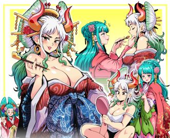 +++ 2girls ^_^ alternate_costume alternate_hairstyle applying_makeup aqua_eyes aqua_hair bare_shoulders behind_another breasts camisole cape cleavage closed_eyes closed_mouth collarbone comic cosmetics curled_horns earrings eyelashes face-to-face facing_another female female_only fingernails flower geisha grabbing_another's_chin green-haired_female green_hair hair_flower hair_ornament hair_stick hairdressing hand_mirror hand_on_another's_chin hand_up hands_up height_difference highres holding holding_mirror holding_smoking_pipe horns japanese_clothes jewelry kimono kozuki_hiyori large_breasts lewdamone lipstick long_hair long_sleeves looking_at_another looking_at_mirror looking_at_viewer makeup makeup_brush mirror multicolored_hair multicolored_horns multiple_females multiple_girls nail_polish off_shoulder one_piece oni orange_eyes orange_horns parted_lips pink_flower pink_rose red_horns red_lips red_nails rose seductive_smile silent_comic sitting smile smoking_pipe standing strap_slip strapless_kimono v white-haired_female white_hair wide_sleeves yamato_(one_piece)