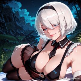 2025 ai_generated anime bangs black_hairband black_necktie black_thighhighs blue_eyes breasts cleavage crossover detached_collar elbow_gloves eye_contact female female_focus gloves hair_accessory hairband handwear highres huge_breasts large_breasts leotard lingerie lips looking_at_viewer lying mole mole_under_mouth necktie nier nier:_automata nier_(series) night night_sky no_blindfold nsfw on_side outdoors patreon rognezart see-through short_hair sky smile smiling solo thick_thighs thighhighs thighs underwear white_gloves white_hair yorha_2b yorha_no._2_type_b