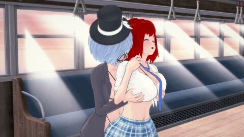 3d 3d_(artwork) ayanami_rei blue_eyes blue_hair breast_grab breasts chikan disguise female kairi kingdom_hearts koikatsu koikatsu_(medium) neon_genesis_evangelion red_eyes red_hair rei_ayanami schoolgirl self_upload train yuri