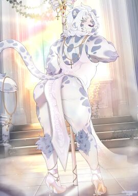 1boy anthro ass blush cherrikissu commission crossdressing detailed_background dress felid fur furry hair heels looking_at_viewer looking_back looking_back_at_viewer male male_only muscular muscular_male narrowed_eyes pantherine rear_view ricky_landon smiling smiling_at_viewer snow_leopard solo staff tail thick_thighs white_hair