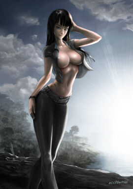 1girls bangs black_bracelet black_hair black_pants blue_eyes blue_shirt bracelet breasts cloudy_sky ecchi-mia female female_only hand_on_head hand_on_hip island large_breasts lens_flare log long_hair nico_robin nipple_peek one_piece open_shirt posing posing_for_the_viewer pre-timeskip sky straight_bangs straight_hair tan_body tan_skin trees voluptuous voluptuous_female