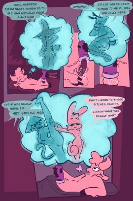 absurd_res anthro antlers anus balls bedroom_eyes bovid caprine clothing comic deer dialogue english_text fantasizing felid feline female genitals hat headgear headwear hi_res horn lagomorph lube_drip lube_on_penis lube_on_sex_toy male male/female male/male mammal masturbation narrowed_eyes nipple_piercing nipples penetrable_sex_toy penis piercing pose presenting presenting_anus profanity restricted_palette saffron_(unicorn_blood) seductive sex_toy sheep sleeping_bag sound_effects speech_bubble text thought_bubble tulip_(unicorn_blood) unicorn_blood_(comic) vanilla_candy witch_hat