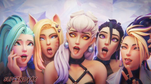 3d 3d_(artwork) 5girls ahe_gao ahri akali blender blonde_hair blue_eyes dark_hair earrings evelynn female harness jewelry k/da_ahri k/da_akali k/da_all_out_ahri k/da_all_out_akali k/da_all_out_evelynn k/da_all_out_kai'sa k/da_all_out_seraphine k/da_all_out_series k/da_evelynn k/da_kai'sa k/da_series kai'sa league_of_legends light-skinned_female light_skin long_hair makeup offscreen_character peace_sign purple_eyes seraphine_(league_of_legends) supernovax
