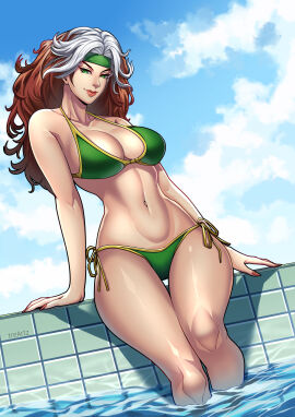 1girls anna_marie artist_signature bikini breasts brown_hair busty curvy female gloves headband light-skinned_female light_skin marvel marvel_comics mutant pins rogue_(x-men) superheroine swimsuit thick_thighs thotlerrr treartz white_hair x-men