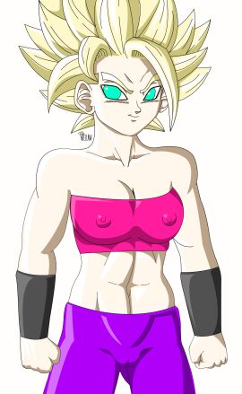 areolae belly blonde_female blonde_hair breasts camel_toe cameltoe caulifla dragon_ball dragon_ball_super female female_focus female_only green_eyes nipple_bulge nipples pussy smiling spiky_hair super_saiyan super_saiyan_2 wetlaw white_skin wristband