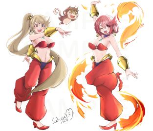 2girls amber_eyes armwear bangs belly_dancer belly_dancer_outfit blonde_hair bra breasts brown_eyes cleavage collar core_crystal cute dance dancing earrings female full_body gold_jewelry hair_cuff harem harem_girl harem_outfit harem_pants hazel_eyes headband hoop_earrings huge_breasts long_hair mythra navel pink_hair ponytail pose pyra red_eyes red_hair rex_(xenoblade) shantae shantae_(cosplay) short_hair sofusan1526 strapless vambraces voluptuous wink xenoblade_(series) xenoblade_chronicles_2