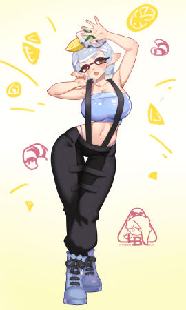 1girls black_pants boots breasts brown_eyes cleavage female highleg_panties large_breasts little_blood marie_(splatoon) marie_(summer_nights) navel nintendo open_mouth panties pants short_hair splatoon splatoon_(series) splatoon_3 summer_nights_splatfest suspenders tentacle_hair