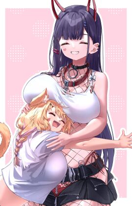 2girls ^_^ akuma_nihmune animal_ears bangs bare_shoulders black_skirt blonde_hair blush braid breasts cat_ears cat_girl cat_tail catgirl choker cleavage closed_eyes collar demon face_markings female grin hair_ornament hairclip horns hug huge_breasts indie_virtual_youtuber light-skinned_female light_skin long_hair marking_below_eyes multiple_females multiple_girls open_mouth polka_dot polka_dot_background purple_eyes purple_hair red_eyes shirt skirt sleeveless smile squchan_(vtuber) striped succubus succubus_tattoo tail tattoo very_long_hair virtual_youtuber vyugen white_shirt