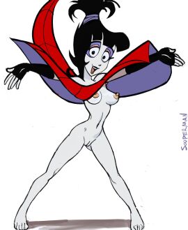 artist_name barefoot beetlejuice beetlejuice_(cartoon) black_gloves breasts female fingerless_gloves gloves goth_fashion happy highres lips lydia_deetz nipples nude open_mouth pussy simple_background sooperman spider_web_poncho_dress white_background