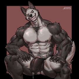 abs amon-sydonai anthro balls balls_under_clothes biceps big_bulge big_penis bulge bulge_through_clothing canid canine canis claws creepypasta domestic_dog erection_under_clothes fur furry huge_bulge humanoid_genitalia humanoid_penis male male_nipples male_only mammal muscular muscular_anthro muscular_male nipples pecs penis penis_outline penis_under_clothes precum precum_drip precum_through_underwear smile.dog solo underwear werecanid werecanine wolf