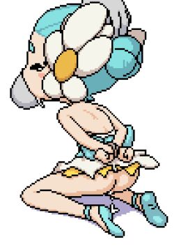 1boy akai_(ugokashitari) animated aqua_hair arms_behind_back bound bound_arms cum cum_in_mouth disembodied_penis fellatio female flower hair_flower hair_ornament hand_on_another's_head irrumatio male netaballerina no_panties oral penis pixel_art solo_focus spoilerina straight white_background yo-kai_watch youkai_(youkai_watch) youkai_watch