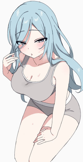 1girls anime anime_style blue_hair bra breasts cleavage female grey_sports_bra hinomori_shizuku long_hair looking_at_viewer moeruru8812 open_mouth project_sekai simple_background sports_bra sweat wavy_hair white_background