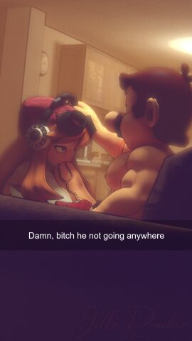 1boy 1girls 3d 3d_(artwork) big_penis blowjob brown_hair chair clothed clothed_female_nude_male clothing duo english_text enormous_penis erection facial_hair fellatio female genitals gigantic_penis hand_on_head hat headphones huge_cock human human_meggy human_on_human human_only idiotboxangel indoors kitchen large_penis light-skinned_female light-skinned_male light_skin living_room male male/female mammal mario mario_(series) mature mature_female mature_male meggy_spletzer muscles muscular muscular_male nintendo nude nude_male nude_male_clothed_female oral oral_sex orange_hair penis penis_in_mouth red_hat sex shirt sitting sitting_on_chair smg4 snapchat straight straight_sex text thick_penis vein veiny_penis white_shirt