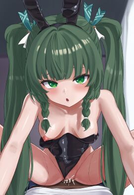 1boy 1girls absurdres android animal_ears bare_shoulders black_leotard blunt_bangs blush breasts censored clothed_sex clothing_aside collarbone cowgirl_position cum cum_in_pussy dark-skinned_male dark_skin fake_animal_ears female green_eyes green_hair groin hair_intakes highleg highleg_leotard highres hoyoverse internal_cumshot leotard leotard_aside light-skinned_female light_skin long_hair looking_at_viewer male male_pov megaonefreak mihoyo mosaic_censoring nipples one_breast_out open_mouth playboy_bunny pov pov_crotch pussy qingyi_(zenless_zone_zero) rabbit_ears solo_focus straddling strapless strapless_leotard twintails very_long_hair zenless_zone_zero