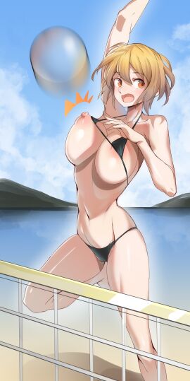 ayakumo beach beach_volleyball beech_volleybrrr bikini bikini_slip breasts don_quixote_(limbus_company) female jumping large_breasts limbus_company micro_bikini project_moon volleyball volleyball_net wardrobe_malfunction