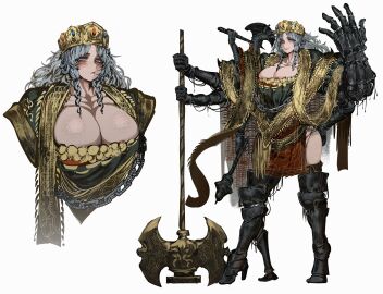 1girls axe big_breasts blush blushing breasts busty circlet cleavage crown elden_ring female female_only fromsoftware godrick_the_grafted grafting greataxe grey_hair huge_breasts large_breasts light-skinned_female light_skin monster monster_girl multi_arm multi_limb tagme taller_female tomatolover16 weapon