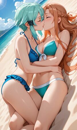 ai_generated beach bikini kissing lesbian_kiss sinon sword_art_online tagme video yuri yuuki_asuna
