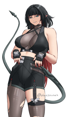 absurdres aqua_eyes bare_arms bare_shoulders black_gloves black_hair black_shorts blunt_bangs breasts cowboy_shot crop_top female fingerless_gloves gloves grey_pantyhose grey_thighhighs grin high-waist_shorts highres jane_doe_(zenless_zone_zero) large_breasts long_hair midriff multicolored_hair nail_polish obosounds pantyhose pantyhose_under_shorts red_hair red_nails shorts simple_background single_leg_pantyhose single_thighhigh smile solo standing tail thighhighs thighs torn_clothes torn_pantyhose two-tone_hair very_long_hair white_background zenless_zone_zero