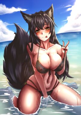 :p bags_under_eyes beach big_breasts black_bikini black_nails blush breasts cloud clouds commission dark_hair female front-tie_bikini kuro_neko_(kuro_nek00) light-skinned_female light_skin long_hair nipples pale-skinned_female pale_skin peace_sign see-through see-through_bikini see-through_clothing sharp_nails skindentation wolf_ears wolf_girl wolf_tail yellow_eyes