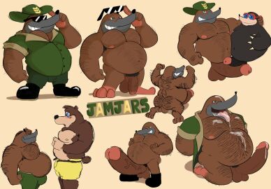 anthro arm_hair back_hair banjo-kazooie banjo_(banjo-kazooie) bear big_penis bodily_fluids body_hair boots bottles_(banjo-kazooie) bottomwear butt_hair chest_hair clothing cum cum_covered cum_in_mouth cum_inside cum_on_belly cum_on_body cum_on_chest cum_on_face eyewear footwear genital_fluids genitals glasses goldbellyk group hi_res jamjars jamjars_(banjo-kazooie) leg_hair male male/male mammal messy military_uniform mole_(animal) mole_(disambiguation) nipple_fetish nipple_pinch nipple_play nipples overweight overweight_male penis penis_size_difference penis_touching pinch pubes rareware shoes topwear trio uniform