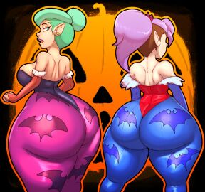 2girls amity_blight ass ass_focus big_ass bottom_heavy breasts bubble_butt cosplay darkstalkers daughter elf elf_female fat_ass female female_only gluteal_fold green_hair halloween huge_ass large_ass lilith_aensland_(cosplay) looking_at_viewer looking_back massive_ass milf morrigan_aensland_(cosplay) mother mother_and_daughter n-kosi n-kosi_(coloring) odalia_blight png purple_hair rear_view the_owl_house thick_ass thick_thighs thunder_thighs wide_hips