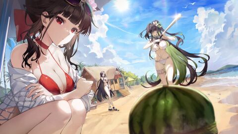 baseball_bat beach beach_house beach_umbrella belly_button bikini bird black_hair blindfold breasts cleavage female flower flower_in_hair goddess_of_victory:_nikke green_hair guilty_(nikke) guilty_(wave_of_disbelief)_(nikke) hi_res high_resolution highres house huge_breasts large_breasts legs long_hair long_legs maiden_(nikke) maiden_(under_the_sun)_(nikke) massive_breasts mmlyno ocean ponytail red_eyes sakura_(bloom_in_summer)_(nikke) sakura_(nikke) sand sitting summer sunglasses sunglasses_on_head sunlight sunny swimsuit thick_thighs thighs umbrella water watermelon
