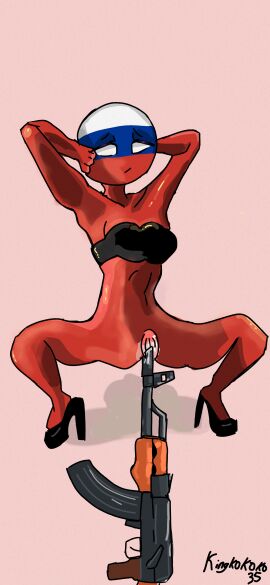ak_47 bra countryhumans countryhumans_girl female high_heels kingkokoko35 masturbation nude nude_female pussy russia_(countryhumans) vaginal_penetration