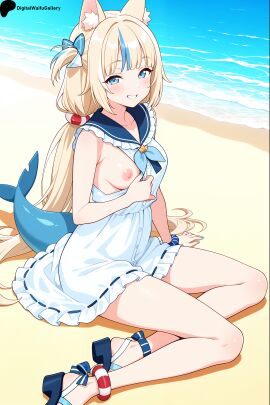 1girls ai_generated animal_ears ass back_view balls beach big_ass blonde_hair blue_eyes blue_nails breasts clitoris digitalwaifugallery erect_nipples female fish_tail from_behind hard_nipples long_hair looking_at_viewer nipples oppai patreon petite pussy sameko_saba seaside seductive sexy shark shark_girl shark_tail sitting skinny small_breasts smile smile_at_viewer smiley_face solo uncensored virtual_youtuber watermark white_dress