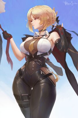 1boy artist_name asymmetrical_gloves black_choker black_gloves black_jacket black_pants blonde_hair braid breasts bun_with_braided_base chest_harness choker clothes_grab collared_shirt cowboy_shot elbow_gloves evelyn_chevalier female gloves hair_bun harness high-waist_pants highres jacket jacket_on_shoulders large_breasts looking_at_another necktie necktie_grab neckwear_grab pants pappaserho parted_lips purple_eyes red_gloves red_necktie ring_hair_ornament see-through_cleavage see-through_clothes shirt short_hair single_hair_bun sleeveless sleeveless_shirt solo_focus standing thick_thighs thighs two-tone_gloves uneven_gloves white_shirt yellow_necktie zenless_zone_zero