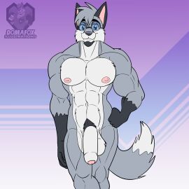 anthro balls big_penis canid canine domafox eyewear foreskin fox fur gay genitals glasses grey_body grey_fur hand_on_hip hi_res humanoid_genitalia humanoid_penis looking_at_viewer male mammal muscular muscular_male nipples nude penis smile solo uncircumcised