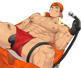 1boy abs backwards_baseball_cap bandaid bandaid_on_face baseball_cap beom_liben brown_hair bulge cocky dirty firefighter_uniform gay gay_male gondom looking_at_viewer lying lying_on_back male male_only muscular muscular_arms muscular_male muscular_thighs nipples pecs pubic_hair scar scar_on_face shorts smile smiling_at_viewer smirk smirking_at_viewer solo solo_male spread_legs topless treasure_trail underwear underwear_peek water_hose wet yaoi