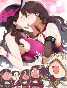 1boy 6+girls :0 :d :o blush bracelet breasts brown_hair chibi cleavage clothing commission covering_own_eyes dorothea_arnault dorothea_arnault_(plegian) dorothea_arnault_(summer) dorothea_arnault_(winter) earrings female fire_emblem fire_emblem:_three_houses fire_emblem_heroes fire_emblem_warriors:_three_hopes green_eyes jewelry kiran_(fire_emblem) kiran_(fire_emblem)_(male) kissing large_breasts long_hair looking_up male multiple_females multiple_girls multiple_persona official_alternate_costume official_alternate_hairstyle pixiv_commission post-timeskip pre-timeskip randompeeps selfcest smile yuri