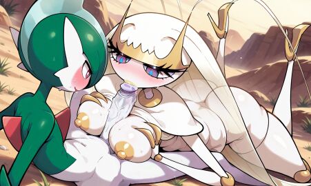 ai_generated antennae big_breasts blowjob breast bug_girl claws cockroach cockroach_girl elegant eyelashes feet_up fellatio gallade golden_claws legs_up lying_on_stomach paizuri pheromosa pokemon pokemon_(species) purple_eyes taller_female thick_ass thick_thighs titjob violet_eyes white_hair yellow_nipples